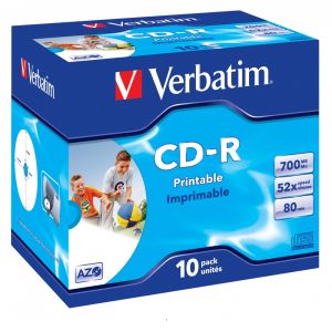VERBATIM 10 CD-R AZO 52X Printable Wide Inkjet 700MB ID Brand in Jewel Case - 43325