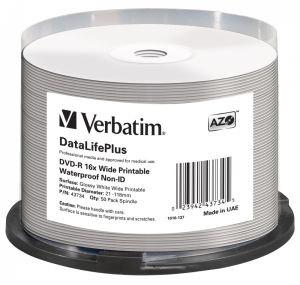 Verbatim 50 DVD-R Printable Waterproof 16x 4.7GB Spindle - 43734