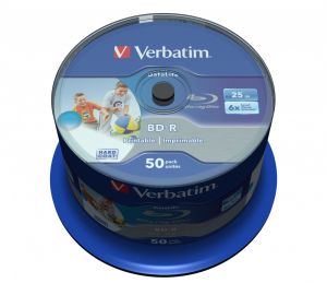 Verbatim 50 BD-R Blu Ray SL Datalife 25Gb Wide Inkjet Printable 6x Cake Box - 43812