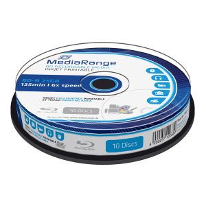 MediaRange 10 Blu Ray BD-R HTL Fullsurface Printable 25GB 135 Min 6X, Cake Box - MR500