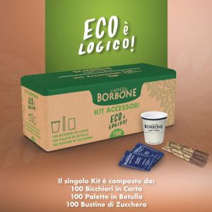 Caffè Borbone, kit ECOLOGICO con tris bicchieri, palette e bustine di zucchero, 100 tris