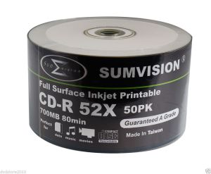 Sumvision CD-R 700MB 80 Min 52X Inkjet Fullsurface Printable Print Stampabili in Spindle da 50 pezzi