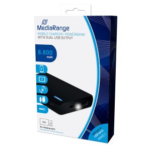 MediaRange Caricatore mobile | Powerbank 8.800 mAh con doppia uscita USB e torcia integrata - MR752