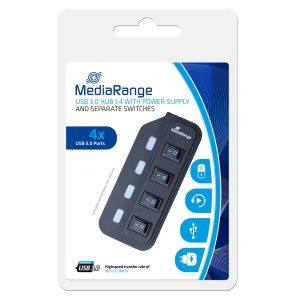 MediaRange USB HUB 3.0 1:4 con connettori separati, ad alimentazione elettrica, Nera - MRCS505