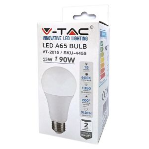 Lampadina LED V-Tac 15W E27 A65 6400K Termoplastica VT-2015 - 4455 Bianco Freddo
