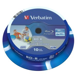 Verbatim 10 BD-R Blu Ray SL LTH 25GB Wide Printable 6X, in cake - 43751