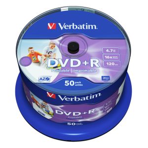 Verbatim 50 DVD+R Wide Inkjet Printable No ID Brand 16x 4,7GB cake AZO Box 43512