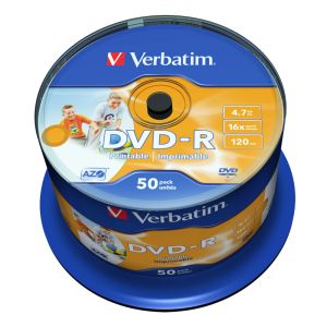 Verbatim 50 DVD-R Wide Inkjet Printable No ID Brand 4,7GB 16x cake AZO  Box - 43533