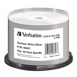 50 DVD-R Verbatim AZO Shiny Silver Print STAMPABILI Printable 4,7GB 16X 43647