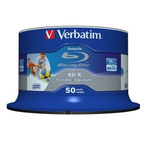 Verbatim 50 BD-R Blu Ray SL Datalife 25Gb Wide Inkjet Printable 6x Cake Box - 43812