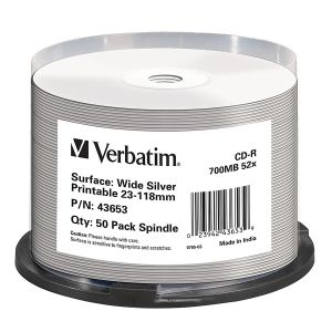 Verbatim 50 CD-R Wide Silver Inkjet Print No ID Brand, in cake - 43653