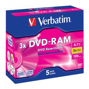 Verbatim 5 DVD-RAM HARD COAT 4,7GB Riscrivibili 3X, Jewel Box - 43450