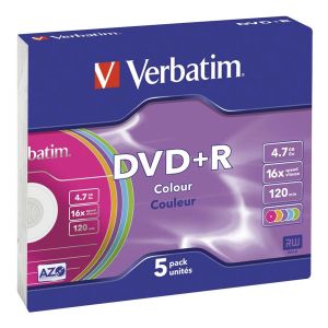 Verbatim 5 DVD+R Colour 4.7GB 16x superficie colorata, in Jewelcase singoli - 43556