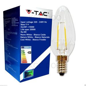 LAMPADINA LED V-Tac E14 2W 300° 3000K Candela Filamento - 4260 Bianco Caldo