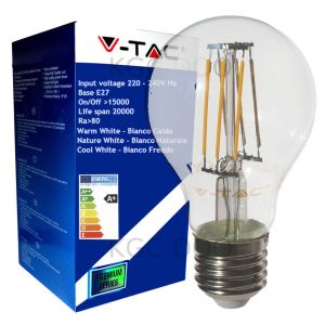 LAMPADINA LED V-Tac E27 6 WATT = 60 WATT BULB A60 FILAMENTO-Bianco Caldo 