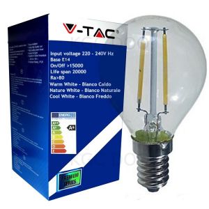 LAMPADINA LED V-Tac E14 2W 300° 3000K Mini Globo Filamento - 4262 Bianco Caldo