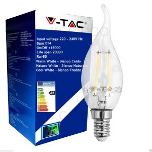 LAMPADINA LED V-Tac E14 2W 300° 3000K Candela Filamento - 4291 Bianco Caldo