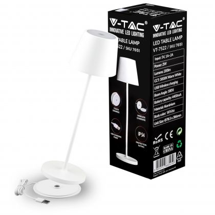 V-TAC Lampada LED da Tavolo 2W BIANCO, base Wireless 3000K IP54 - VT-7522 SKU 7651