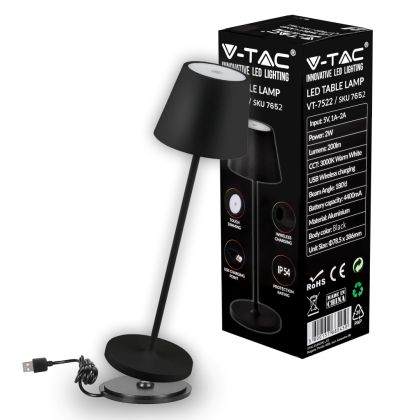 V-TAC Lampada LED da Tavolo 2W NERO, base Wireless 3000K IP54 - VT-7522 SKU 7652