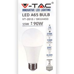 Lampadina LED V-Tac 15W E27 A65 2700K Termoplastica VT-2015 - 4453 Bianco Caldo