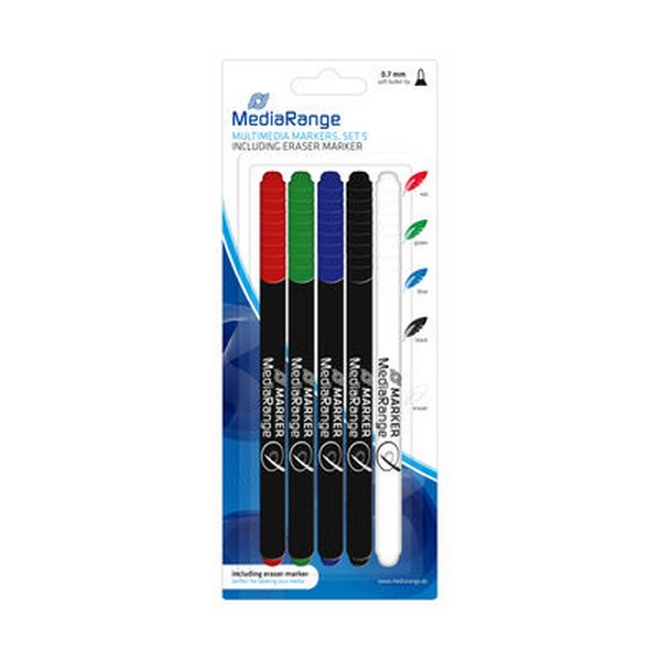 KGC Shop MediaRange Pennarelli Indelebili multimediali, Set da 5 pezzi  colorati con Eraser incluso - MR704
